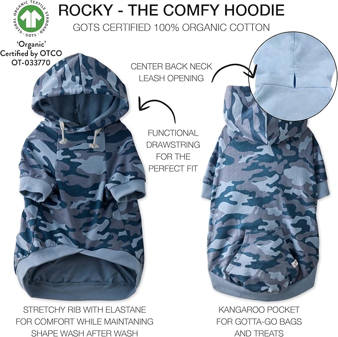 Rocky – The Orginal Lightweight Hooded TEE 100% Organic Cotton Dog Hoodie Pet Coat Sweater for Small, Medium, Large Dogs, Navy Camo, Medium