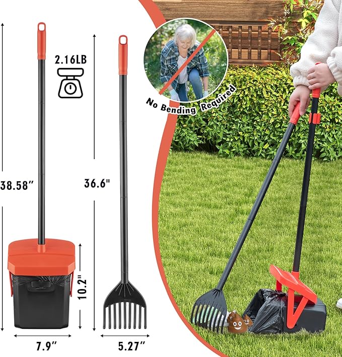 TIMINGILA 36" Pooper Scooper Swivel Bin & Rake with 100 Dog Poop Bags,Adjustable Long Handle for No-Bend Cleanup,Portable Non-Breakable Dog Poop Scooper for Large Medium Small Dogs