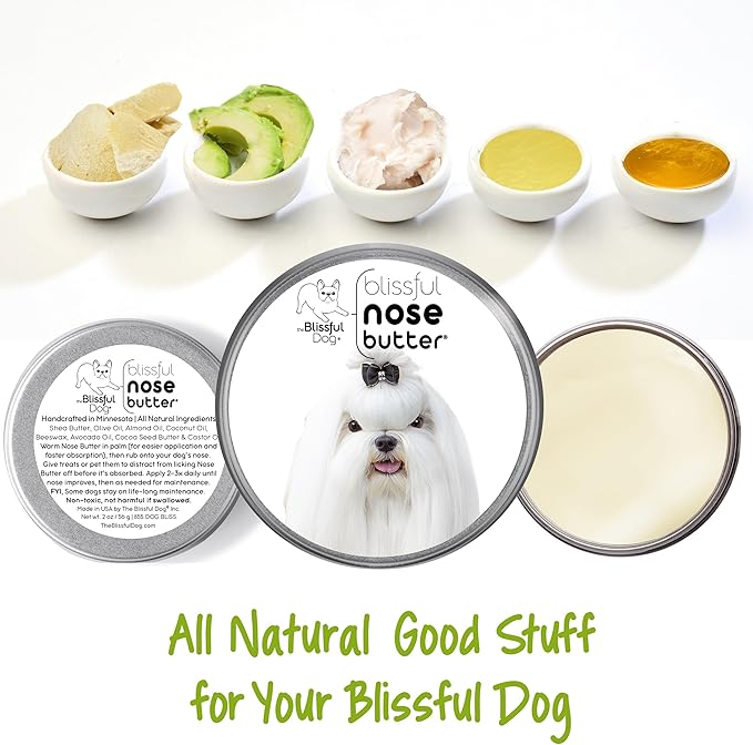 The Blissful Dog Maltese Nose Butter for Dry, Cracked Skin, Lick-Safe Dog Nose Balm with Moisturizing Shea Butter, Almond, Olive, and Essential Oils, Pet Supplies, Uncented, 2 oz.