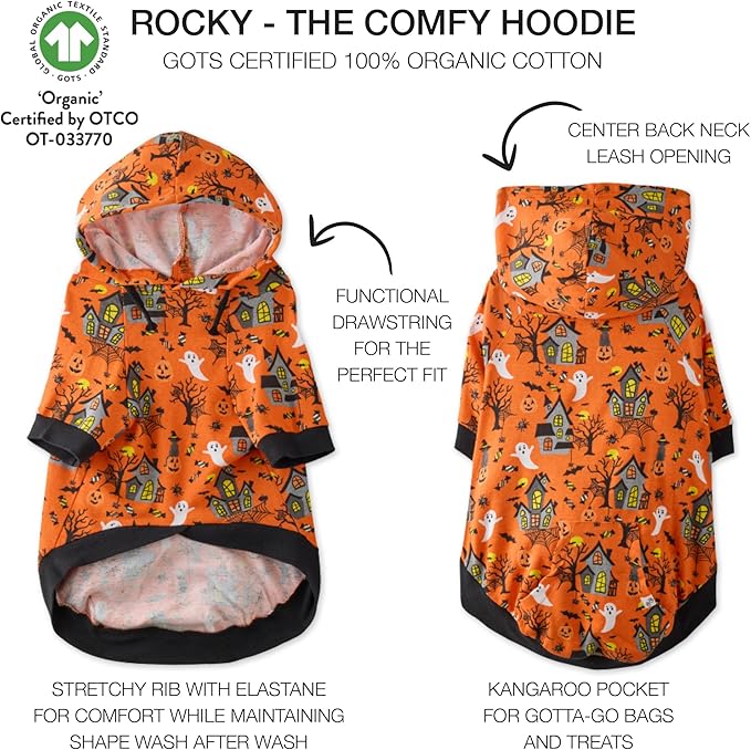 Rocky – The Orginal Lightweight Hooded TEE 100% Organic Cotton Dog Hoodie Pet Coat Sweater for Small, Medium, Large Dogs, Spooky, Medium