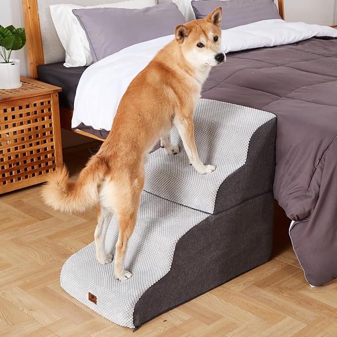 Pettycare Dog Stairs Ramp for High Beds and Couch,Curved Dog Steps for Small Pets, Pet Stairs Non-Slip Balanced Portable Puppy Ramp Indoor, 4 Steps,Grey