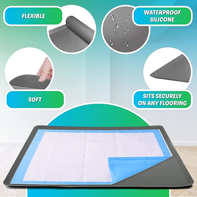 TidyFriend Dog Pee Pad Holder Tray Fits for 28” x 34” Wee Wee Pee Pads - Stable Grip, Raised Edges, Quick-Wipe Silicone Surface Dog Potty Tray Holder for Indoor Flooring Protection (Grey)