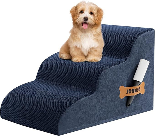Romrol Dog Stairs Ramp for Beds Couches, Extra Wide Pet Steps with Durable Non-Slip Waterproof Fabric Cover, Dog Slope Stairs for Small Dogs and Cats or Pets Friendly, 3-Tiers, 13 Inch,Navy