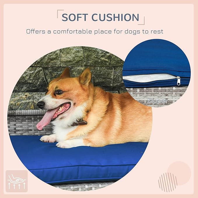 PawHut Wicker Dog House Outdoor with Canopy, Rattan Dog Bed with Water-Resistant Cushion, Raised Dog Bed for Small, Medium Dogs up to 66 lbs, 19.75" in Length, Gradient Gray Wicker, Dark Blue Cushion