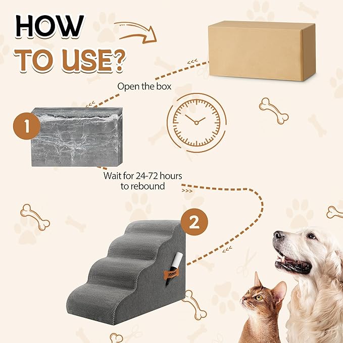 Romrol Dog Stairs Ramp for High Beds Couches, 33D High Density Foam Pet Steps with Durable Non-Slip Waterproof Fabric Cover, Dog Stairs for Small Dogs or Cats or Pets, 4-Step,Grey