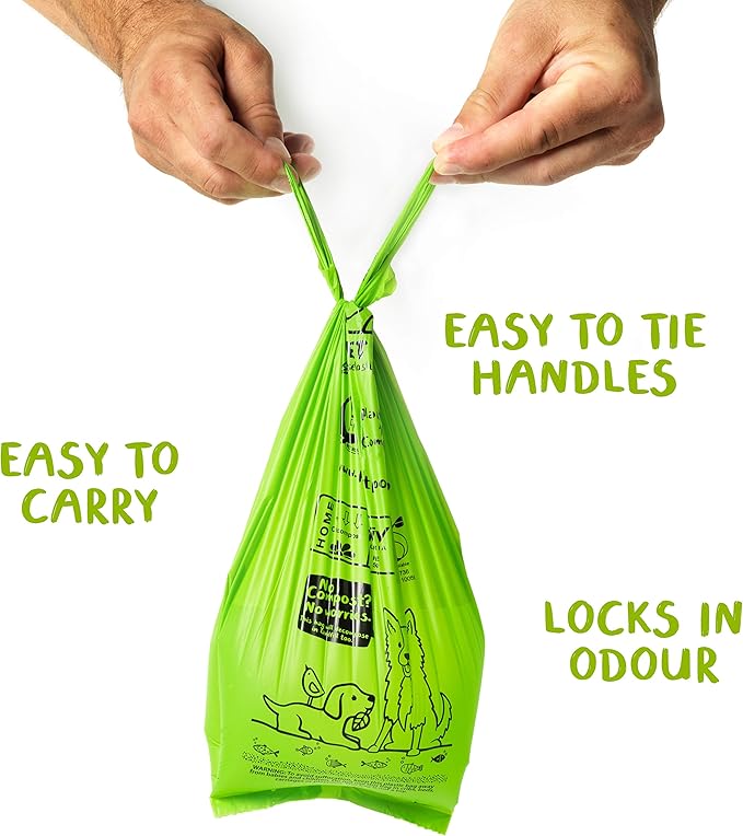 PLANET POOP Home Compostable Dog Poop Bags Extra Long with Handles | Large Single Roll 200 Grab & Go | Un-scented Dog Waste Bag | Leakproof Doggy & Cat Bags | Plant-Based Pet Supplies