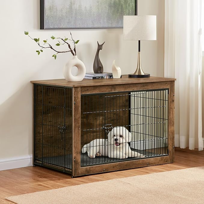 Dog Kennel Furniture, Wooden Dog Crate End Table, Heavy Duty Dog Crate, Decorative Pet Crate Dog Cage for Large Indoor Use (Rustic Brown) 27" L×20" W×23" H