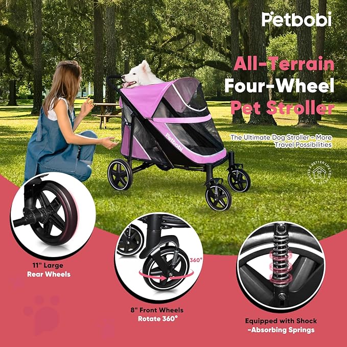 Petbobi Dog Stroller for Medium Dogs - Easy Fold Dual Entry Pet Stroller with One-Foot Brake, All Terrain Wagon Cart with Large Air Mesh, Ideal for Large Senior Pets up to 80 lbs, Pink