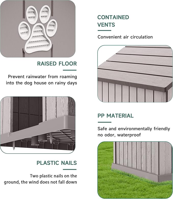 Vixzen Large Outdoor Dog House,Durable Water Resistant Resin Dog House,Doghouse for Small to Large Dogs Indoor or Outside,with Openable Windows and Elevated Floor,Gray