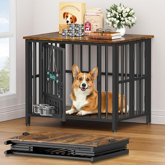 Easycom 31" Dog Crate Furniture Foldable, No Assembly Decorative Dog Kennel Indoor, Dog Crates for Small Dogs (20-40 lbs), Wooden Dog Cage with Adjustable Bowls and Name Tag, End Table, Rustic Brown