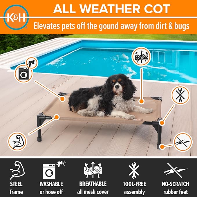 K&H Pet Products Cooling Elevated Dog Bed, Outdoor Raised Cot with Waterproof Breathable Mesh for Medium Dogs, Portable Place Bed with Heavy-Duty Metal Frame & Hammock Style Cover - Medium Tan