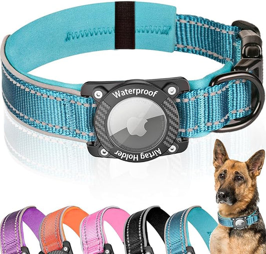 Upgraded AirTag Dog Collar, IP68 Waterproof Dog Collar with Apple Air Tag Holder, Reflective Adjustable Heavy Duty Dog Collars with Soft Padded for Small, Medium and Large Dogs,Blue, L