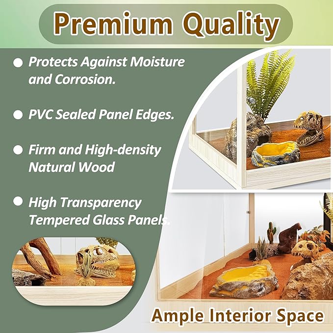 PROLEE Tempered Glass Bearded Dragon Tank,28 Gallon Reptile Tank with Meatl Mesh Roof and Front Sliding Door, Anti-Scratch Lizard Tank,Spacious Reptile Enclosure for Snakes,Lguanas, Chameleons(Oak)
