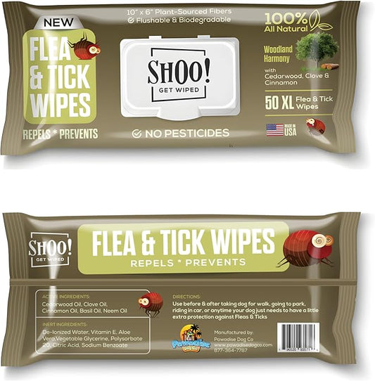 Shoo! Flea & Tick Wipes for Dogs | Convenient, Easy On-The-Go Protection | Plant Based, Natural Oils, Chemical Free | Repels & Prevents | 50 XL Wipes | (Woodland Harmony)
