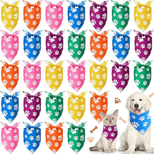 Sanwuta 30 Pcs Colorful Paw Print Dog Bandanas Bulk Soft Triangle Scarves for Pets Party Costume Doggie Walking Photo Props Bibs for Pets Shops Adoption Events National Dog Day Gifts
