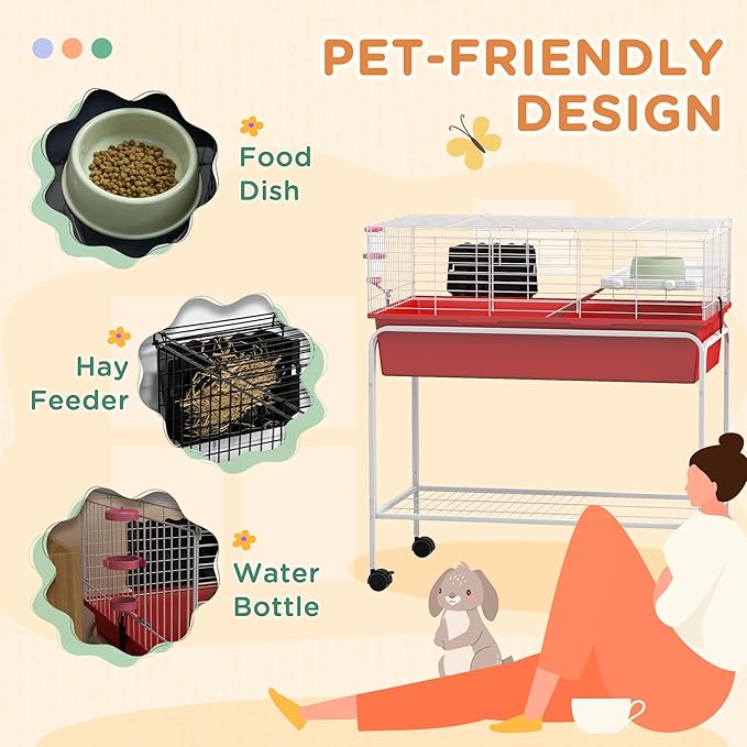 PawHut Two-Story Small Animal Cage Removable from Stand, Guinea Pig Cage with Shelf & Wheels, Pet Habitat for Hedgehog, Chinchilla, Ferret, 33" x 18.5" x 35", Red