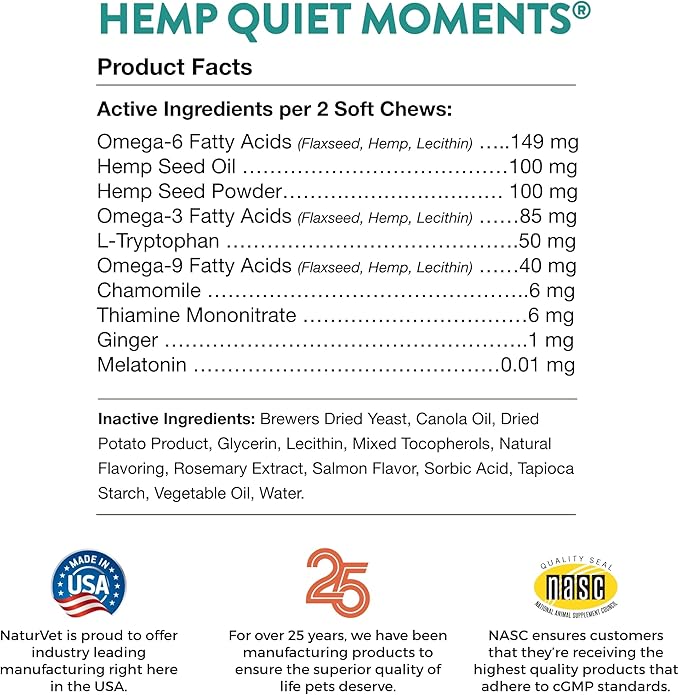 NaturVet Hemp Quiet Moments Plus Hemp Seed for Cats, 60 ct Soft Chews, Made in USANaturVet Quiet Moments Herbal Calming Spray, 8 Ounce- Feline