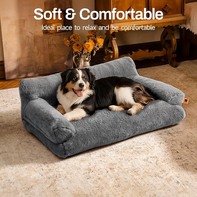 MEWOOFUN Dog Beds for Small Medium Dogs with Removable Washable Cover, Fluffy Dog Sofa with Non-Slip Bottom (Dark Grey, 33.5" L X 25.6" W X 11.5" Th)
