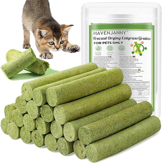 HavenJanny 100g Cat Grass Teething Stick, Freezed Drying Cat Grass Sticks Snacks for Cats, Edible Cats Treats for Teeth Cleaning and Hairball Removal