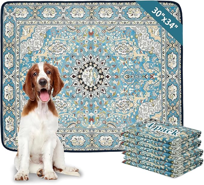 Qeils Washable Pee Pads for Dogs, 4 Pack Reusable Puppy Pads 30"x34" Super Absorbent Leakproof Dog Training Pads, Non-Slip Potty Pads for Crate, Floor, Couch, Whelping Pads Litter Mat Puppy Supplies