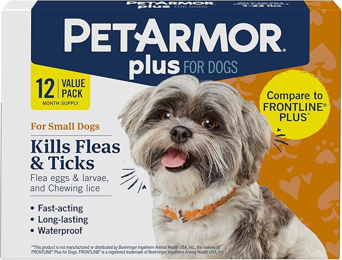 PetArmor Plus Flea and Tick Prevention for Dogs, Dog Flea and Tick Treatment, 12 Doses, Waterproof Topical, Fast Acting, Small Dogs (5-22 lbs)