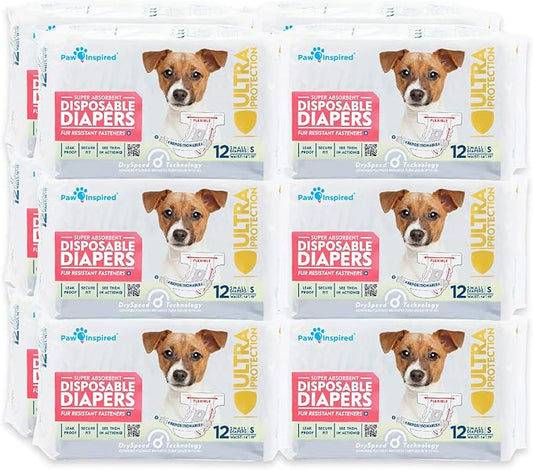 Paw Inspired Disposable Dog Diapers | Female Dog Diapers Ultra Protection | Diapers for Dogs in Heat, Excitable Urination, or Incontinence (12&144 Count) (Small (144 Count))