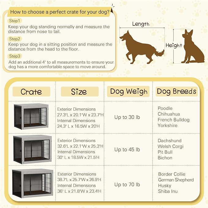 Bigrab Dog Crate Furinture with Thick Cushion, Side End Table Wooden Dog Cage with Double Doors, Chew-Resistant Dog Kennel Dog House Indoor for Small to Large Dog, L (Grey)