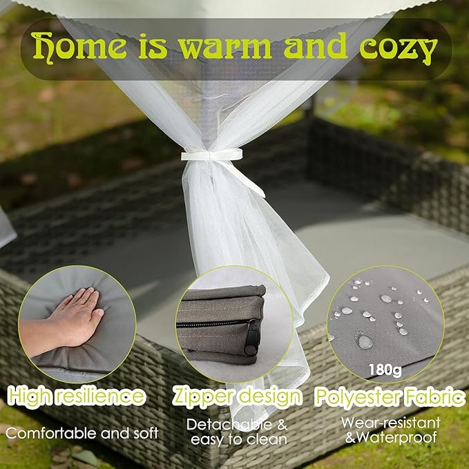 Wicker Dog House Outdoor Indoor with Canopy, Weatherproof Outside Dog Shelter Bed with Cushion, 4Sided Mesh Windows, Pet House Tent Shade for Small Medium Dogs, Rattan Dog Cot for Patio Yard Gray