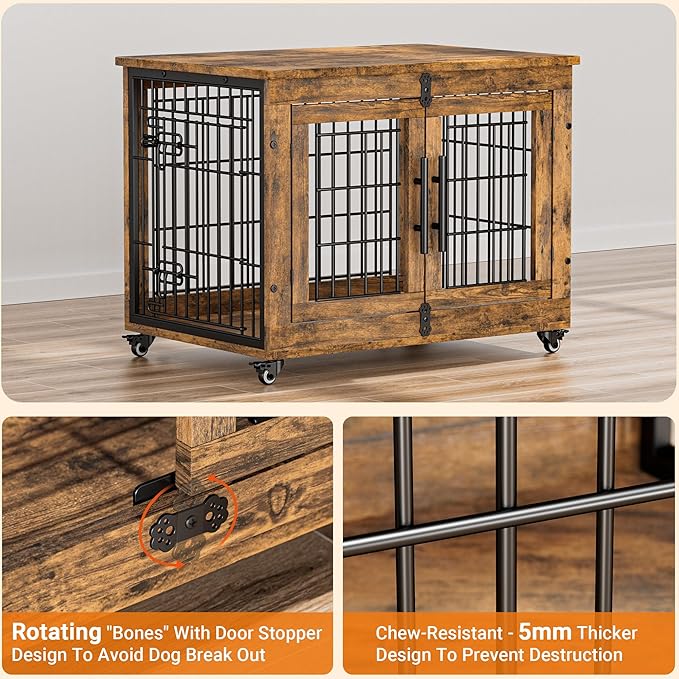 Lulive Dog Crate Furniture, Dog Kennel Indoor Double Doors Wooden Dog Cage, 32'' Heavy Duty Dog Crate with Cushion & Wheels, Decorative End Table Pet House Chew-Resistant for Medium/Small, Brown