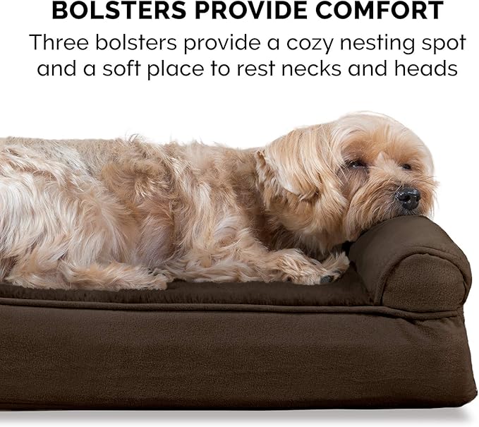 Furhaven Cooling Gel Dog Bed for Large Dogs w/ Removable Bolsters & Washable Cover, For Dogs Up to 125 lbs - Plush & Suede Sofa - Espresso, Jumbo Plus/XXL