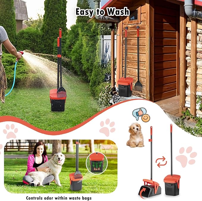 TIMINGILA 36" Pooper Scooper Swivel Bin & Rake with 100 Dog Poop Bags,Adjustable Long Handle for No-Bend Cleanup,Portable Non-Breakable Dog Poop Scooper for Large Medium Small Dogs