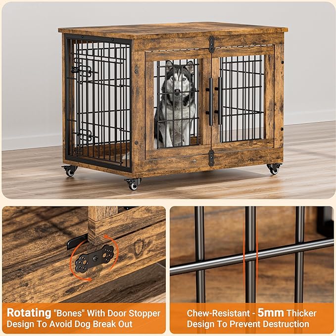 Lulive Dog Crate Furniture Set of 2, Dog Kennel Indoor Double Doors Wooden Dog Cage, 32'' Heavy Duty Dog Crate with Cushion & Wheels, End Table Pet House Chew-Resistant Up to 45 lb, Rustic Brown