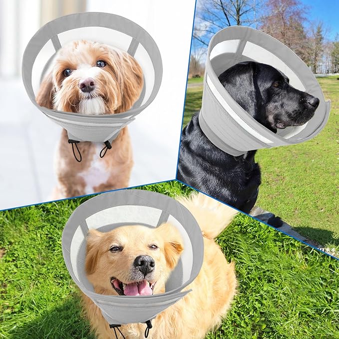 SAWMONG Soft Dog Cone for Large Dogs, Adjustable Pet Recovery Collar to Stop Licking, Comfy Elizabeth E-Collar for Dogs After Surgery Alternative (L,Grey)