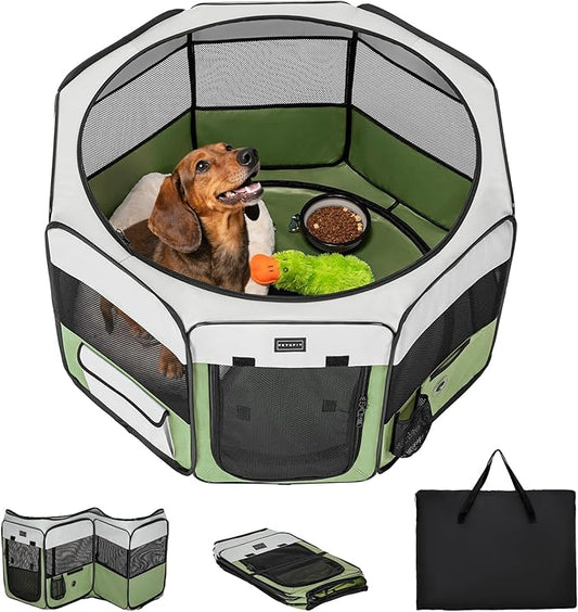PETSFIT Portable Dog Playpen,36" Dog Play Pen Indoors with Removable Waterproof Mat & Zippered Roof | RV, Camping, Travel Dog Pen | Whelping & Cat Observation Space(36" L x 36" W x 21" H)