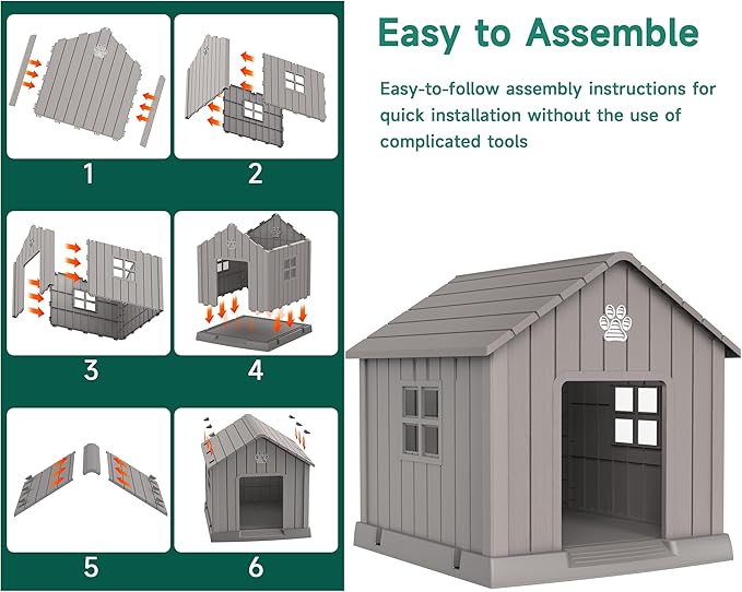 Vixzen 38in Large Outdoor Dog House,Durable Water Resistant Resin Dog House,Doghouse for Small to Large Dogs Indoor or Outside,with Air Vent and Elevated Floor,Gray