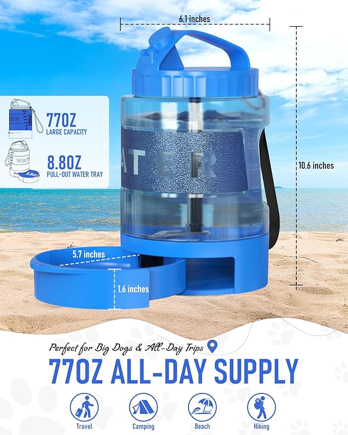 Portable Dog Travel Water Bottle, 77oz Large Dog Water Bowl Dispenser Portable, Leakproof Pet Drinking Bottle Dispenser for Hiking Camping Walking Travelling Beach Car Trips, BPA Free,Blue