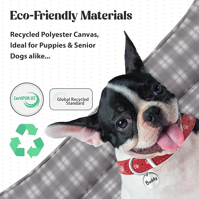 Orthopedic Bolster Dog Bed – CertiPUR-US Foam, Recycled Polyester Canvas, Washable Cover, Anti-Slip Bottom, Large, Navy Plaid – Stylish Designer Dog Sofa