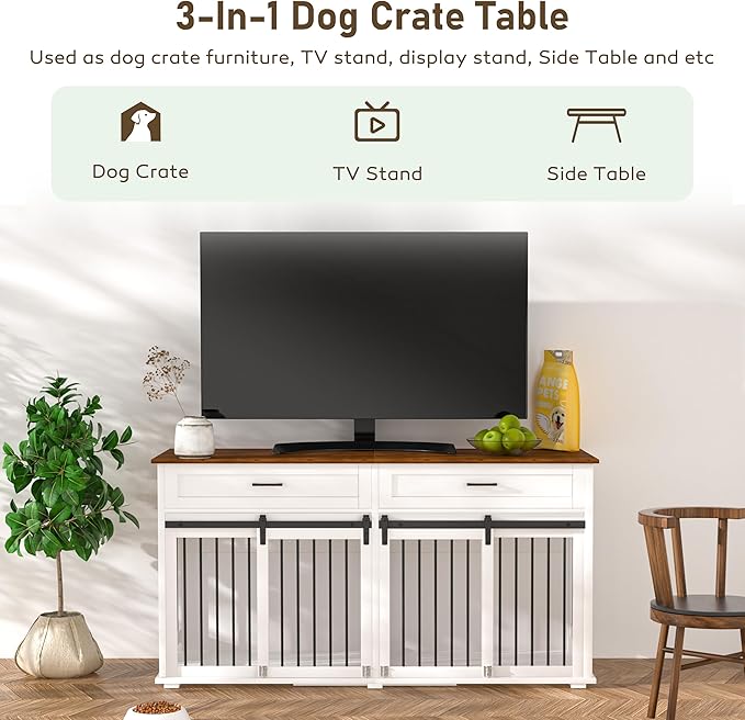 MUPATER 63" L x 23.6" W x 33.3" H Double Wooden Dog Cage Table with 2 Large Drawers & Safety Locks, Large Dog Crate Furniture for 2 Dogs with Removable Divider, Decorative Indoor Dog Kennel Furniture