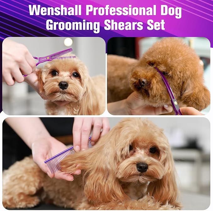 Professional Dog Grooming Scissors Set - 6.5" Thinning, 7" Straight, 7" Up-Curved, 7" Down-curved Scissors and Comb for Dog Cat Pet (Purple)