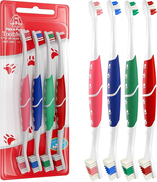 Pet Toothbrush for Dogs, Cats with Soft Bristles - Easy Teeth Cleaning & Dental Care, Non Slip Dual Head Dog Toothbrush for Medium & Large Pets, Toothpaste Not Included, Pack of 4(Multi)