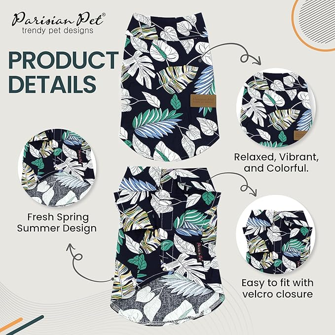 Parisian Pet Palm Leaves Dog Shirt - 100%Cotton Summer Clothes - Stylish Beach Outfit - Hook and Loop Closure - Machine Washable - Small Dogs