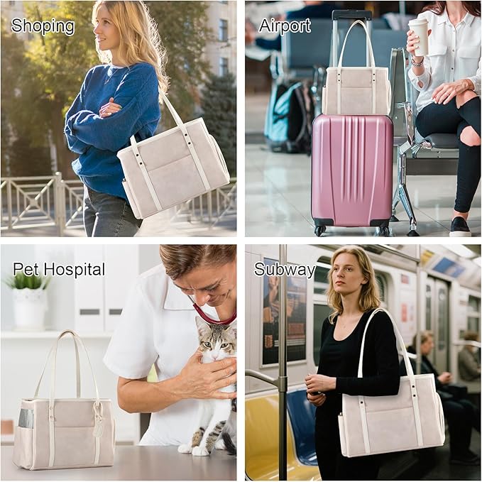 Fashion Dog Carrier Purse, Premium Leather Cat Carrier Bag, Airline Approved Soft Sided Pet Travel Tote Bag with Pockets Beige
