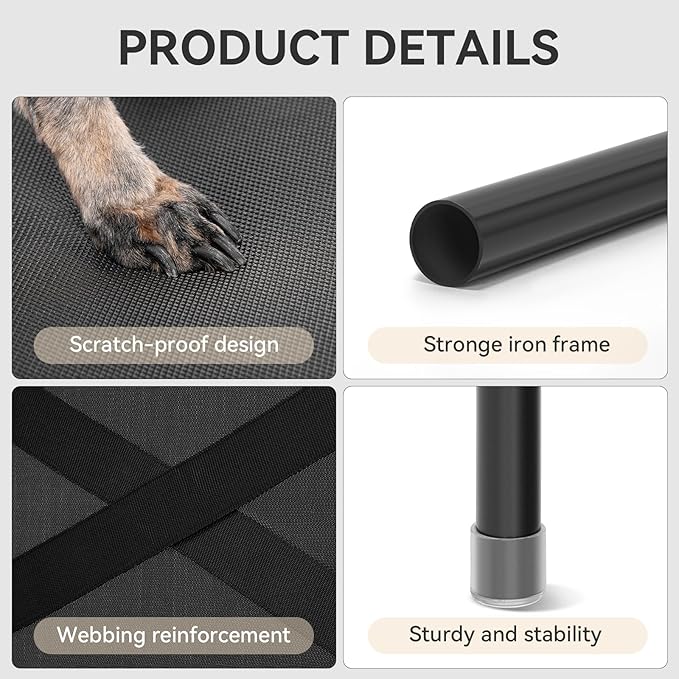 Petsfit Cooling Elevated Raised Dog Bed- Outdoor Pet Cot for Large Dogs, Upgraded Adjustable Firmness Pet Bed，Dog Hammock Bed with Durable Breathable Teslin Mesh，Non Slip, Black 48”