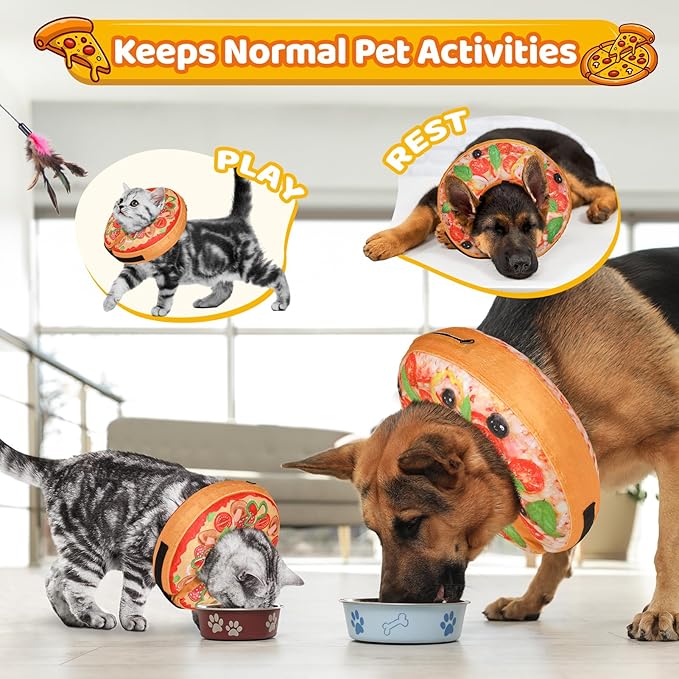 Grand Line Pizza Inflatable Collar for Dog and Cat, Soft Protective Recovery Cone After Surgery, Blow up Pet Donut Collar Cone, E-Collar Alternative Does not Block Vision (Cartoon, Large)