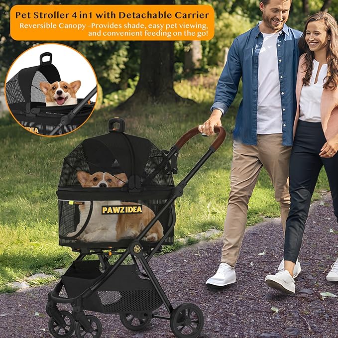 PAWZIDEA Dog Stroller 4 in 1, Pet Stroller for Cats with Detachable Carrier for Small/Medium Dogs/Cats, Seatbelt Car Seat Combo, Cozy House, Foldable & Lightweight Jogger Strollers, Storage Basket