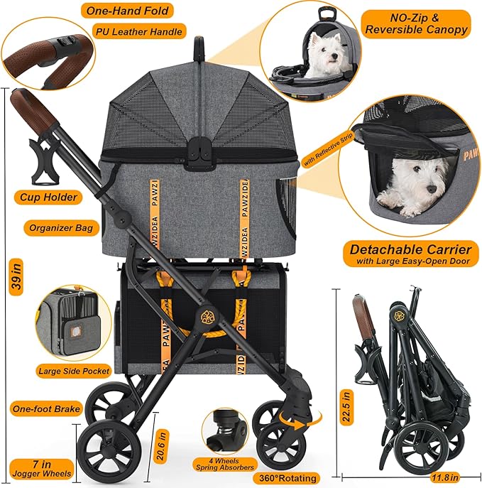 PAWZIDEA Double Pet Stroller with 2 Detachable Carriers, Portable Dog Crate for Car Travel & TSA-Approved Expandable Cat Carrier, Foldable Lightweight Jogger Stroller for 2–4 Cats or Small/Medium Dogs