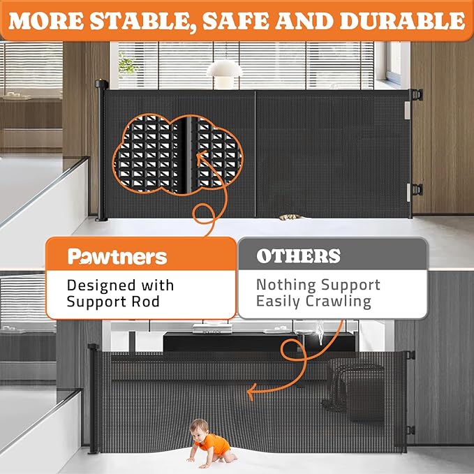 Upgrade Retractable Baby Gates, 35" Tall Extends up to 60" Wide, Mesh Dog Gate Indoor for Stairs, Outdoor Reinforced Pet Gate with Support Rods for Doorways Hallways Kitchen Bedroom, Black