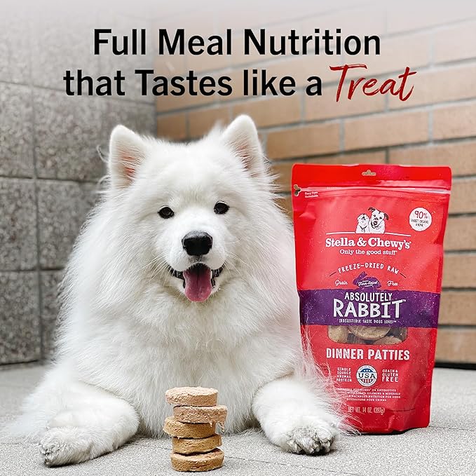 Stella & Chewy's Freeze-Dried Raw Dinner Patties - Absolutely Rabbit Recipe - High Protein Grain-Free Puppy & Dog Food - Perfect For Picky Eaters - 14 oz