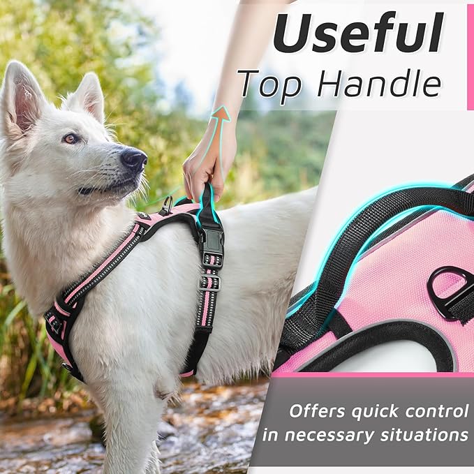 Eagloo Dog Harness for Large Dogs, No Pull Service Vest with Reflective Strips and Control Handle, Adjustable and Comfortable for Walking, No Choke Pet Harness with 2 Metal Rings, Pink, L