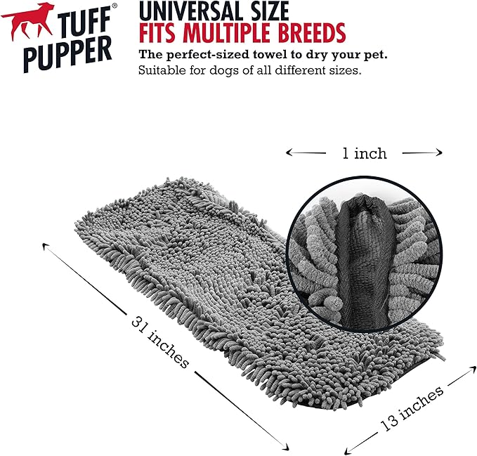 Tuff Pupper Quick Dry Towel for Dogs | Ultra Absorbent Microfiber Shammy | Extra Large 35x15 Size Dog Bath Towel | Comfortable Hand Pockets | Indoor Outdoor Use | Durable Material | Machine Washable